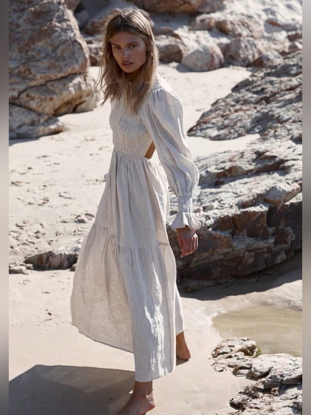Dissh Smocked Long Sleeve Linen Midi Dress in Cream